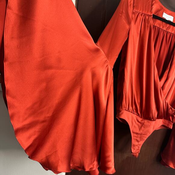 CAROLINE CONSTAS |  Charmeuse Silk Bell Sleeve Bodysuit Rust Orange Extra Small - Picture 5 of 9